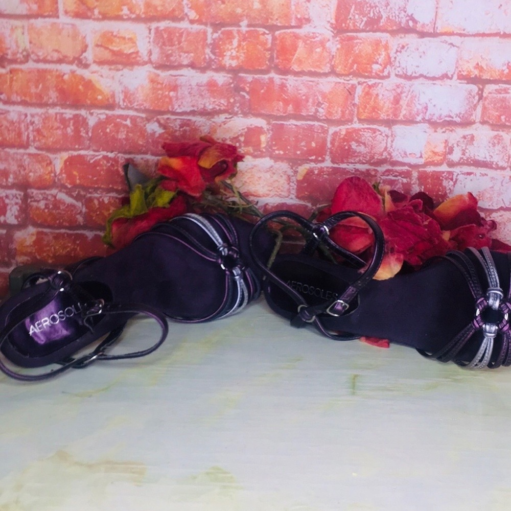 Aerosoles Metallic Dark Purple Strappy Leather High Heel Sandals - Picture 9 of 14